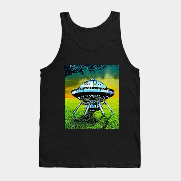 Cool UFO on lawn Tank Top by BradshawArt